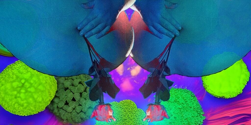 Description: Two fat light blue bellies have roses emerging from the belly button and a hand holds the rose in place. The background is purple with green lush cells floatingDescription: Two fat light blue bellies have roses emerging from the belly button and a hand holds the rose in place. The background is purple with green lush cells floating