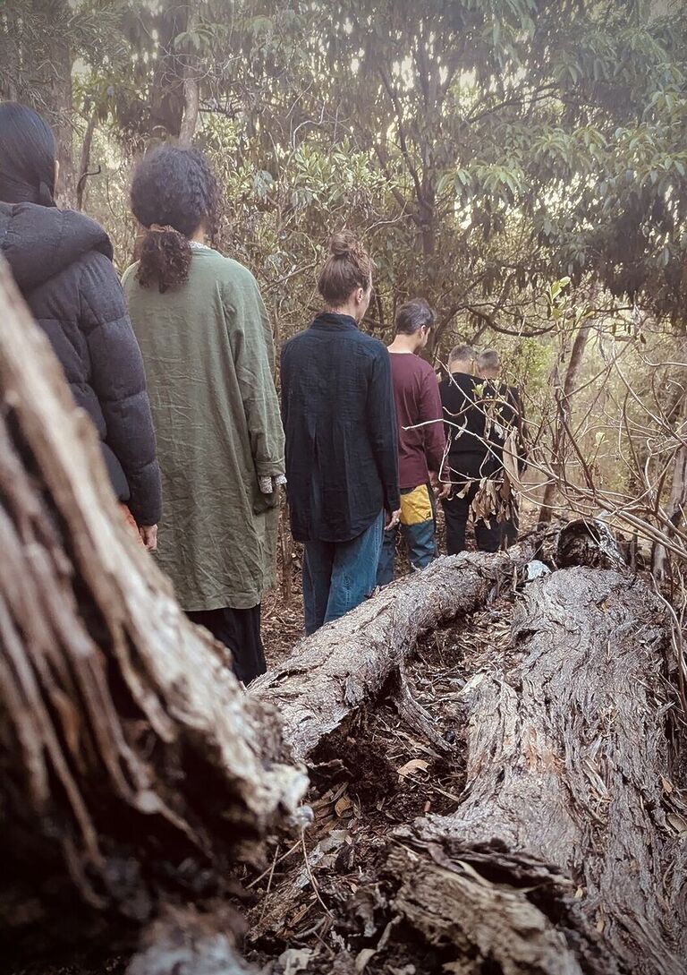 People outside in a line with their backs facing camera.